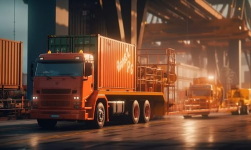 Container truck in ship port , Ai Generated Image